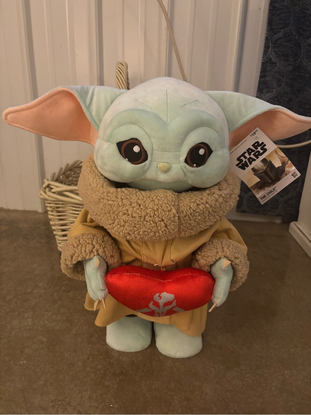 Star Wars Grogu Plush in Mint Green with Tan Coat and Red Heart